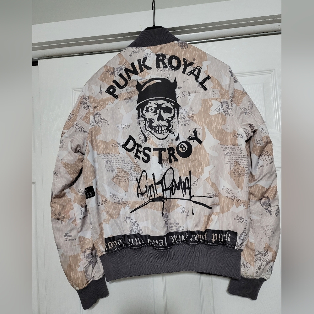 Punk Royal Bomber Jacket Destroy Creatures of Chaos Size Medium Beige Gray